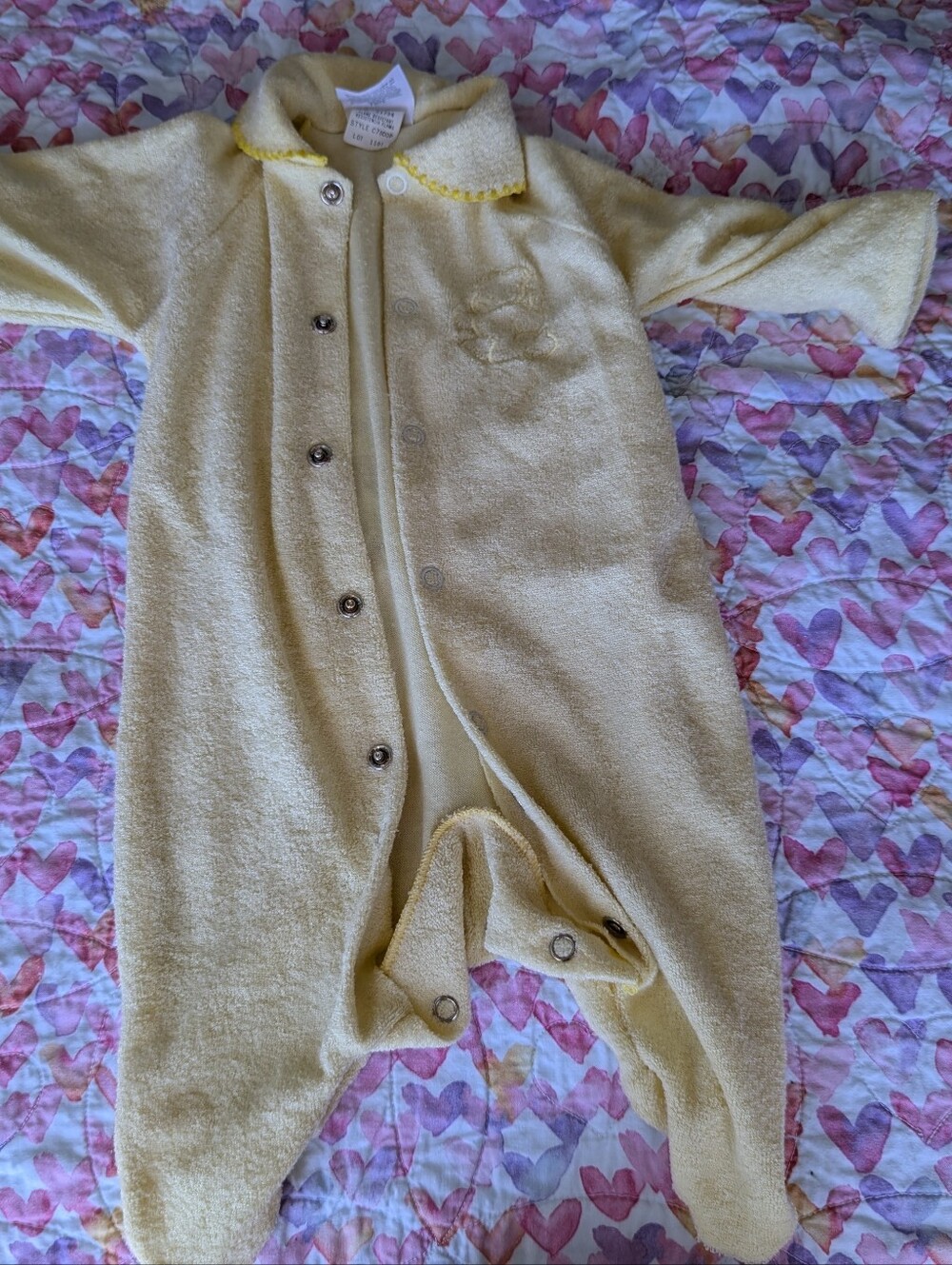 Vintage Terry Cloth Pale Yellow Baby Size 0-3 Month Snap Footed Romper